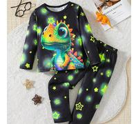 2 pezzi Set pigiama per ragazzi giovani, composto da top a maniche lunghe e pantaloni, con motivo cartoni animati, leggero e confortevole, che brilla sotto la luce UV 6Y,7Y,4Y,5Y,2-3YFumettoTessuto in