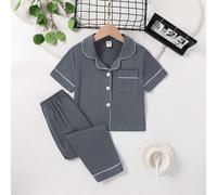 2 pezzi Set pigiama per ragazzi, semplice, casual e comodo, in tinta unita, con pantaloncini a maniche corte aperto davanti 6Y,7Y,4Y,5YColore unicoTessuto in maglia