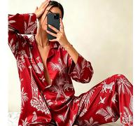 2 pezzi Set pigiama premium con stampa di animali della giungla, maniche lunghe e scollo a V profondo + pantaloni leggermente larghi, set casual da casa 2 pezzi L,M,S,XL,XXLTropicaleRaso