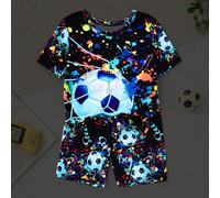 2 pezzi Set Pigiama Ragazzi - Pantaloncini in maglia con stampa di pallacanestro fluorescente e pigiama a maniche corte aderente. La stampa sul pigiama brillerà sotto la luce solare o UV, più è lumino