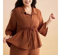 2 pezzi Set Plus Size per Donna: Camicetta con bottoni e pieghe a 3/4 maniche in colore unito e Pantaloni casual a gamba dritta morbidi 0XL,1XL,2XL,3XL,4XLColore unicoTessuto intrecciato