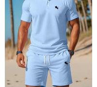 2 pezzi/Set Polo a maniche corte con logo cavaliere da uomo, casual da pendolare, ampio, set di top e pantaloncini, leggero e traspirante, azzurro, adatto per l'estate, adatto per la spiaggia e il mar