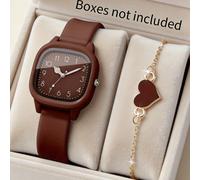 2 pezzi/set, questo orologio alla moda, semplice ed elegante con cinturino in silicone e display digitale a lancette quadrato, orologio al quarzo piccolo, abbinato a un braccialetto a forma di cuore, 