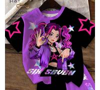2 pezzi/set Ragazza adolescente Casual Cool Divertente Sei&Sette, Stile KPOP Stampa di personaggi dei cartoni animati, Colore a contrasto viola e nero, Patchwork, maglietta a maniche corte girocollo e