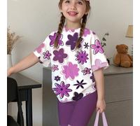 2 pezzi/set Ragazza giovane casual dolce con stampa floreale colorata, tono viola, set di maglietta a maniche corte a collo tondo e leggings, adatto per primavera/estate Y2K, carino, moda quotidiana c