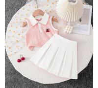 2 pezzi/set Ragazza giovane Top in maglia con colletto polo e ricamo di ciliegie senza maniche e Gonna mini tinta unita, adatto per estate, uso quotidiano, tempo libero e vacanze 6Y,7Y,4Y,5Y,2-3YBlocc