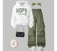 2 pezzi Set ragazza pre-adolescente con felpa con cappuccio stampata a lettere + pantaloni cargo stile militare verde, outfit casual da strada, autunno/inverno 8Y,9Y,10Y,11Y,12YLetterePoliestere
