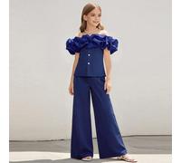 2 pezzi Set ragazza pre-adolescente stile coreano, dolcezza e tenerezza, pantaloni a zampa con vita definita, senza cuciture, monospalla, pantaloni a gamba larga, set versatile per uso quotidiano, esi