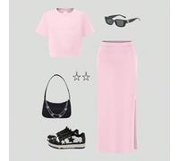 2 pezzi/set Ragazze adolescenti Top corto aderente lavorato a maglia e Gonna lunga maxi con spacco alto, Abbigliamento casual per uso quotidiano in primavera, estate e autunno 14Y,13Y,16Y,15YColore un