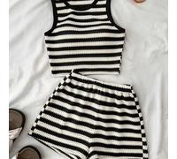 2 pezzi/set Ragazze pre-adolescenti Casual Vacanza Nero e Bianco Maglia Testurizzata Crop Top e Pantaloncini in Vita Elastica, Adatto per Uso Quotidiano, Spiaggia, Pranzo, Festa 7Y,8Y,9Y,10Y,11Y,12Y,1