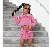 2 pezzi/Set Ragazze Tween Giacca corta di jeans lavato cachi con colletto e maniche lunghe e Minigonna cargo di jeans, Set per outfit da ragazza streetwear e uso quotidiano 8Y,9Y,10Y,11Y,12YColore uni