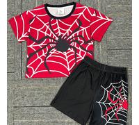 2 pezzi/Set Ragazzi Giovani Top a Maniche Corte con Stampa All-Over a Motivo Ragno e Pantaloncini a Motivo Ragno 6Y,7Y,8Y,4Y,5YGeometricoTessuto in maglia
