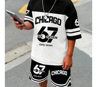 2 pezzi/set Ragazzo adolescente stile casual minimalista Y2K, color blocking, Chicago English, Six&Seven, Cifra 67, maglietta a maniche corte e pantaloncini con scollo rotondo, adatti per l'estate 14Y