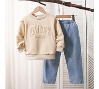 2 pezzi/Set Ragazzo giovane Casual Chic Felpa color albicocca con testo inglese in rilievo e Pantaloni in jeans con vita elastica, Versatile per il tempo libero e gli spostamenti, Adatto per attività 