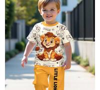 2 pezzi/set Ragazzo giovane, stile casual e carino, maglietta a maniche corte con stampa di cartone animale, orso, leone, lettera "KING" e graffiti, stile sportivo, morbido e comodo, girocollo, e pant