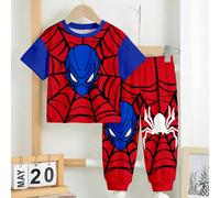 2 pezzi/set Ragazzo giovane, stile casual minimalista, classico, moda cool, stampa a ragno, stile sportivo, blocchi di colore, comodo, maglietta a maniche corte girocollo e pantaloncini larghi, adatto