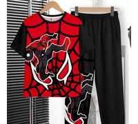 2 pezzi/set Ragazzo pre-adolescente, maglietta a maniche corte e pantaloni casual minimalisti, classici, con stampa di ragno, colorblock sportivo, morbidi e comodi, adatti per primavera/estate 8Y,9Y,1