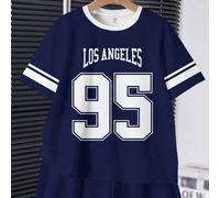 2 pezzi/Set Ragazzo Preadolescente Stile Minimalista Casual, Stile Universitario, Numero 95, Set di maglietta a Maniche Corte con Collo Tondo e Pantaloncini con Grafica Los Angeles, Adatto per Estate,