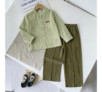 2 pezzi/Set Ragazzo Primavera/Estate Casual Minimalista Bronzo Bianco Lavato Cotone Camicia Collo Coreano Manica Lunga Con Taschino E Pantaloni Kaki Vita Elastica Set, Moda Versatile, Adatto Per Bambi