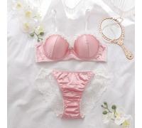 2 pezzi Set reggiseno e slip con ferretto imbottito rosa, alto sostegno, effetto sollevamento e modellante, coppa a balconcino, mezza coppa, colore a contrasto, carino e innocente, set lingerie da don