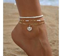 2 pezzi/set Semplice cavigliera bianca da donna con perle finte, perline di riso e ciondolo di conchiglia, adatta per l'uso quotidiano e le vacanze Tagli Unicavetro