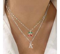2 pezzi/set, semplici collane a più fili in acciaio inossidabile con ciondolo a iniziale e ciliegia, con catenina a labbra argentata, per donne L,M,S,H,A,T,O,X,B,C,D,E,F,G,I,J,K,N,P,Q,R,U,V,W,Y,ZAccia
