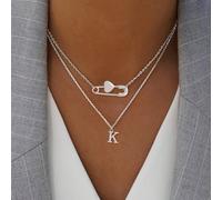 2 pezzi/set Spilla e ciondolo a forma di lettera e cuore alla moda, collana con catena multistrato in acciaio inossidabile, per donna L,M,S,H,A,T,O,B,C,D,E,F,G,I,J,K,N,P,R,V,W,Y,ZAcciaio inossidabile