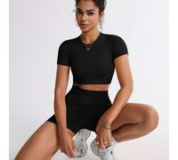 2 pezzi set sportivo senza cuciture per donna, maglietta a girocollo nera a maniche corte + pantaloncini in vita alta, opaco, molto elastico, design aderente per corsa, yoga, fitness, attività all'ape