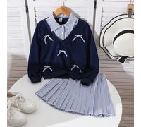 2 pezzi/set Stile casual da ragazza per la scuola, maglione a maniche lunghe con spalle scoperte e fiocco, a righe e tinta unita + minigonna plissettata a righe, outfit comodo da divisa scolastica, pe