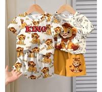 2 pezzi/set Stile casual e carino per ragazzo giovane, maglietta a maniche corte e pantaloncini con stampa di lettera, animale cartoni animati, leone, adatto per estate, uso quotidiano, stile strada, 