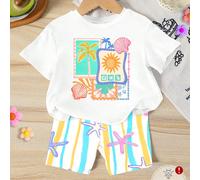 2 pezzi/set Stile casual e dolce da spiaggia per ragazze giovani, set di maglietta a maniche corte + pantaloncini aderenti, leggings a righe Dopamine + pantaloncini a stelle colorate, adatti per bambi