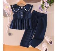 2 pezzi/set Stile minimalista casual per ragazze, top con colletto alla Peter Pan e vita stretta, e pantaloni lunghi, per l'estate 6Y,7Y,4Y,5Y,2-3YColore unicoTessuto