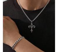 2 pezzi/set, stile retrò hip-hop europeo e americano alla moda, set di collana e bracciale con pendente a croce per uomo, gioielli da collo in acciaio inossidabile versatili, accessori da strada, deco