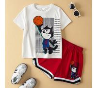 2 pezzi/set Stile sportivo casual per ragazzi, maglietta a maniche corte con collo rotondo abbinata a pantaloncini da basket, grafica carina di un gatto vivace 6Y,7Y,4Y,5YGraficoTessuto in maglia