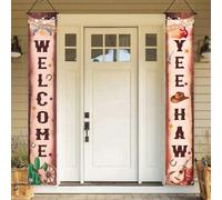 2 pezzi/Set Striscione per porta a tema cowboy, Striscioni di benvenuto per veranda, Decorazioni per feste in stile Far West, Striscione in poliestere con motivo cappello da cowboy marrone Yee Haw, Pe