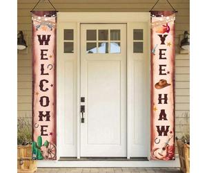 2 pezzi/Set Striscione per porta a tema cowboy, Striscioni di benvenuto per veranda, Decorazioni per feste in stile Far West, Striscione in poliestere con motivo cappello da cowboy marrone Yee Haw, Pe