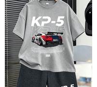 2 pezzi/Set T-shirt a maniche corte con collo rotondo con stampa grafica di auto sportiva e inglese, abbinata a semplici pantaloncini casual, nuovo arrivo estivo 6Y,7Y,8Y,9Y,10Y,4Y,5Y,14Y,11Y,12Y,13Y,