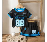 2 pezzi/Set T-shirt a maniche corte con girocollo e pantaloncini con vita elastica per bambino, stile minimalista vintage con numero "88", lettera "Chicago" e motivo a stelle, adatto per sport all'ape