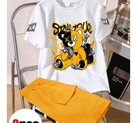 2 pezzi/Set T-shirt a maniche corte con girocollo e stampa di orso che tiene in mano denaro per ragazzi adolescenti + Pantaloncini cargo casual minimalisti 6Y,7Y,8Y,9Y,10Y,4Y,5Y,14Y,11Y,12Y,13Y,16Y,15