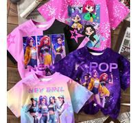 2 pezzi/set T-shirt casual a maniche corte con scollo rotondo e grafica di superstars K-pop per ragazze pre-adolescenti, adatte per l'estate, il ritorno a scuola, stile anni 2000, abbigliamento Y2K 7Y