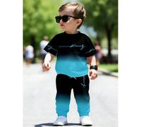 2 pezzi Set: T-shirt con stampa grafica a lettere e sfumature e pantaloni, nero e blu, outfit casual alla moda per ragazzi, adatto per tutte le stagioni 6Y,7Y,4Y,5YLettere,stampa dappertuttoPoliestere