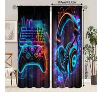 2 pezzi/Set Tenda con grafica di controller di gioco video e cuffie, tenda semi-oscurante di per camera da letto, studio, soggiorno, essenziale per la stanza dei giochi, tessuto in poliestere semi-tra
