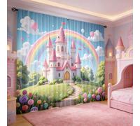 2 pezzi/Set Tende da Castello da Favola, con motivo del Castello Rosa, Arcobaleno, Lecca-lecca e Palloncino, Stampa 2D, Stile da Favola da Sogno, Adatto per Camera da Letto di Ragazze, Soggiorno e Sal