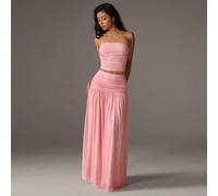 2 pezzi/set Top a benda in rete rosa romantica da donna e gonna lunga plissettata in rete vita alta, perfetti per l'estate L,M,S,XSColore unicoTessuto in maglia