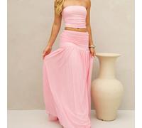 2 pezzi/set Top a benda in rete rosa romantica da donna e gonna lunga plissettata in rete vita alta, perfetti per l'estate L,M,S,XSColore unicoTessuto in maglia