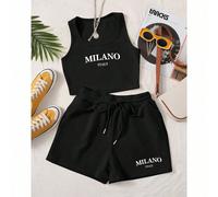 2 pezzi/set, top a canotta aderente con grafica lettera Milano e pantaloncini con laccio, outfit estivo casual e confortevole per donne L,M,S,XL,XS,XXL,XXS,XXXL,XXXXLColore unicoTessuto in maglia