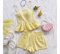 2 pezzi Set top a canottiera e pantaloncini donna con stampa floreale 3D gialla, adatto per uso casual quotidiano e vacanze, autunno/inverno, primavera, San Valentino, vacanze, spiaggia, matrimonio, c