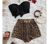 2 pezzi Set top a fascia intrecciato a righe bianche e nere e pantaloncini vita alta, adatto per appuntamenti, tè pomeridiano, spiaggia, crociera, vacanza in città, festival musicali, vacanza bohémien