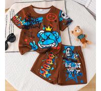 2 pezzi/set Top a maniche corte con stampa corona e lettera e pantaloncini, adatto per bambini dai 3 ai 7 anni, ideale per sport, casual, attività all'aperto 6Y,7Y,4Y,5Y,2-3YFumetto,Grafico,LettereTes