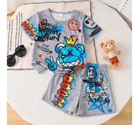 2 pezzi/set Top a maniche corte con stampa corona e lettera e pantaloncini, adatto per bambini dai 3 ai 7 anni, ideale per sport, casual, attività all'aperto 6Y,7Y,4Y,5Y,2-3YFumettoTessuto in maglia